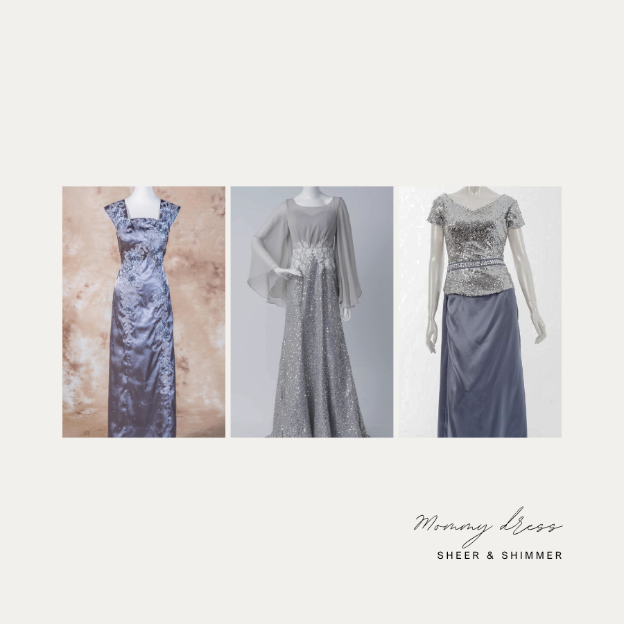 晚宴：酒紅細緞光與深藍亮片禮服，在黃光下層次清楚