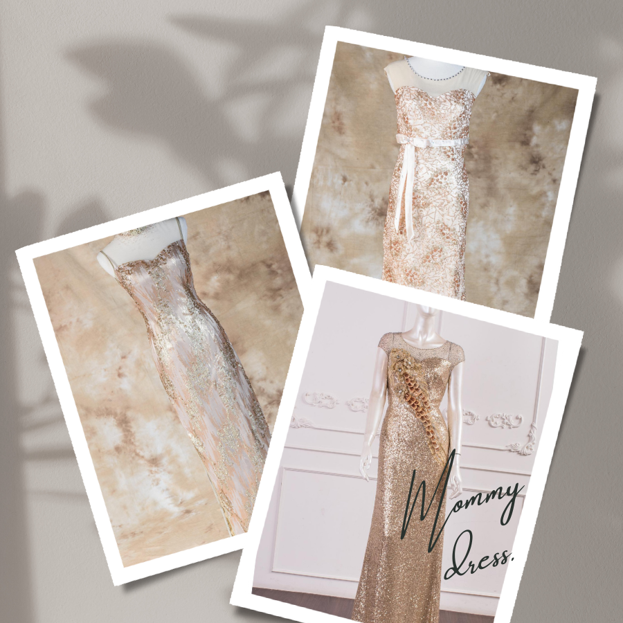 香檳金啞光長禮服，色澤柔和不搶戲