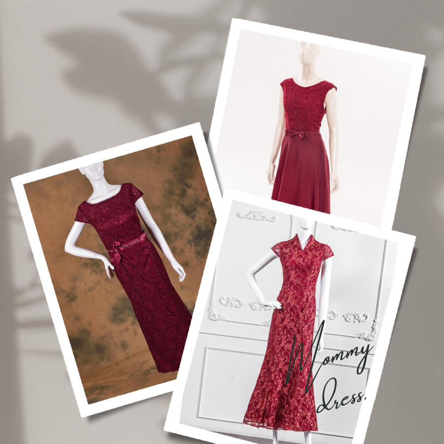 酒紅禮服，低飽和色調呈現端莊顯瘦的效果