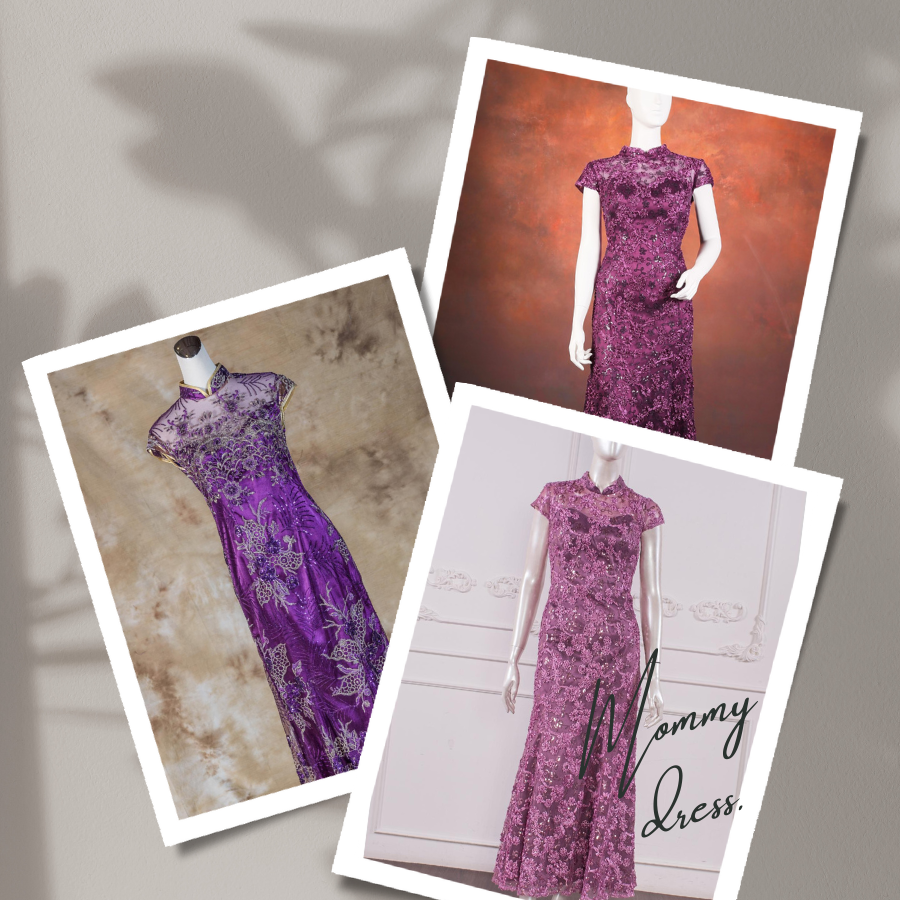 紫色花紋禮服，低對比霧面印花更柔和耐看