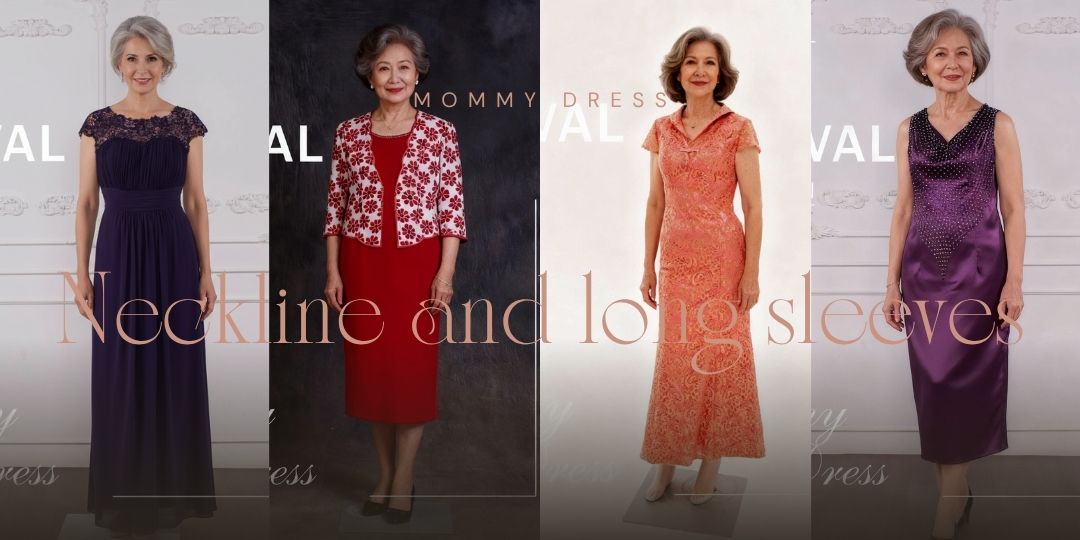 V領、圓領、小立領與五分／七分袖示意