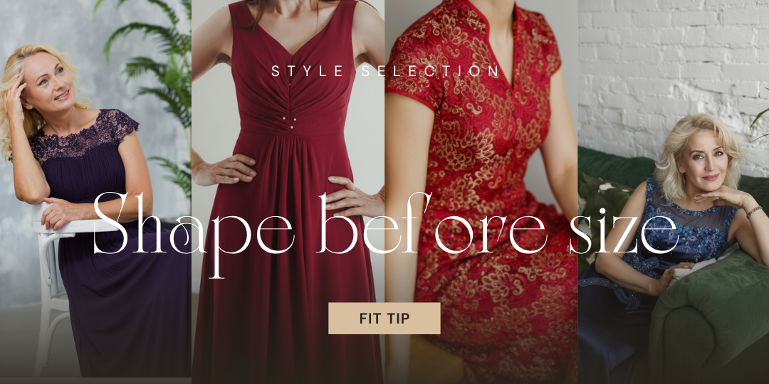 常見媽媽禮服版型示意：A字、直筒、微魚尾、高腰線